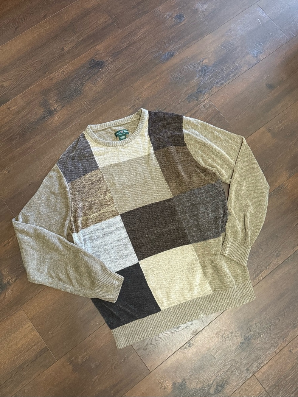 David Taylor Neutral Patchwork Crewneck Sweater - Beige & Brown & Black